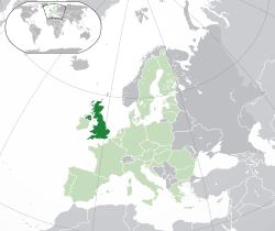 Two islands to the north-west of continental Europe. Highlighted are the larger island and the north-eastern fifth of the smaller island to the west.